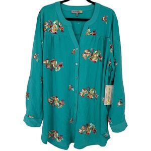 NWT FIGUEROA & FLOWER Floral Embroidered Long Sleeve Tunic Blouse‎ Top Size 3X